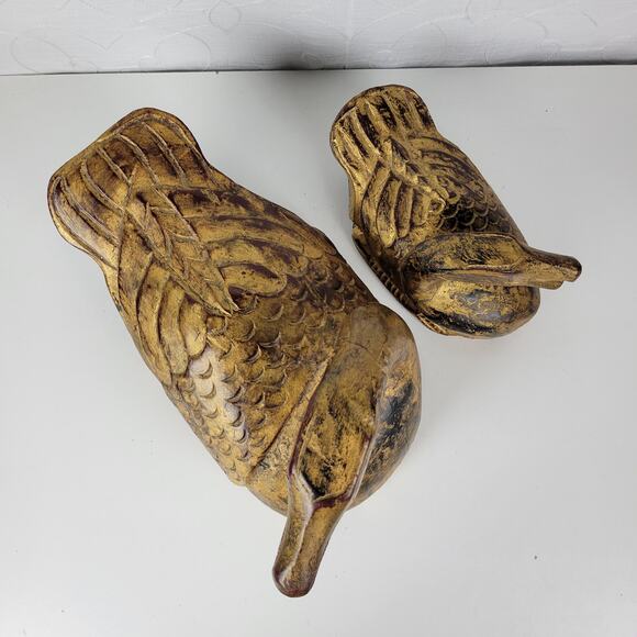 Vintage Carved Italian Wood Ducks Gold Brown 12" 8" Statues‎ 1960s Gilded Large - Picture 16 of 16